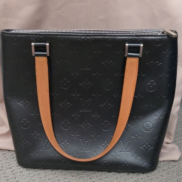 Louis Vuitton Handbags - Louis Vuitton Blue Monogram Embossed Leather Tote with Brown Handles